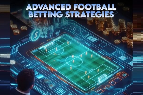 Advanced football betting strategies with a digital football field, betting interface, and stacks of coins.