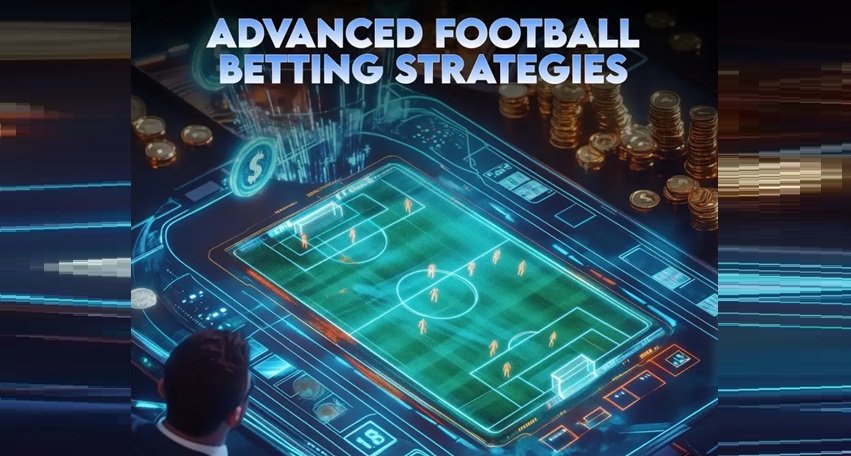 Advanced football betting strategies with a digital football field, betting interface, and stacks of coins.
